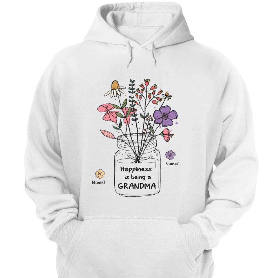 Grandma and Grandkids - Personalized Happiness is being a Grandma Flower Art T-Shirt, Hoodie - Best Gift for Mother's Day