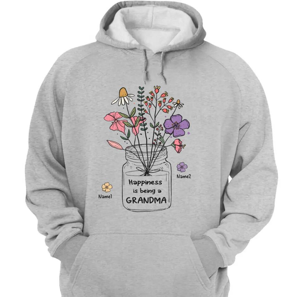 Grandma and Grandkids - Personalized Happiness is being a Grandma Flower Art T-Shirt, Hoodie - Best Gift for Mother's Day