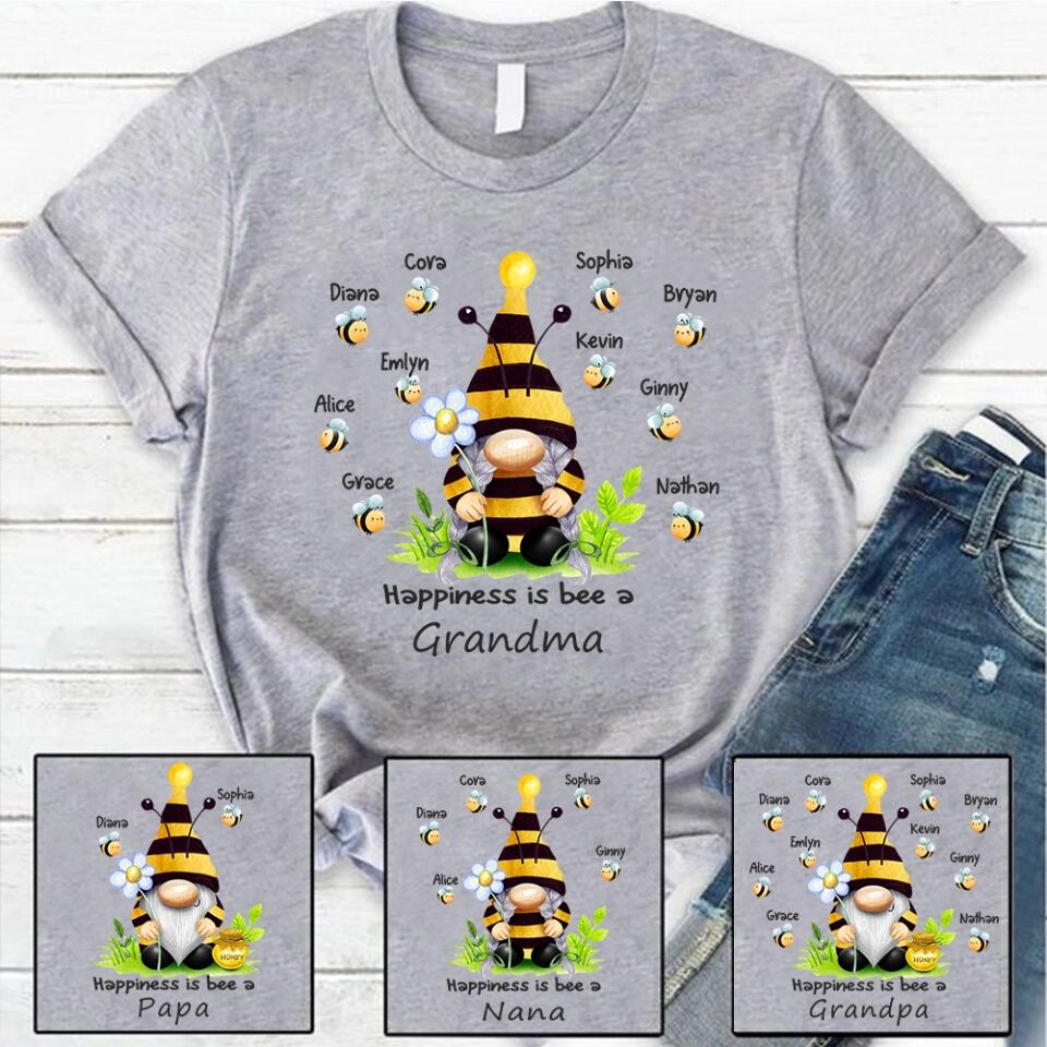 Grandma and Grandkids - Happiness is Bee A Grandma -  Personalized Grandma T-Shirt, Hoodie - Best Gift for Mom, Grandma