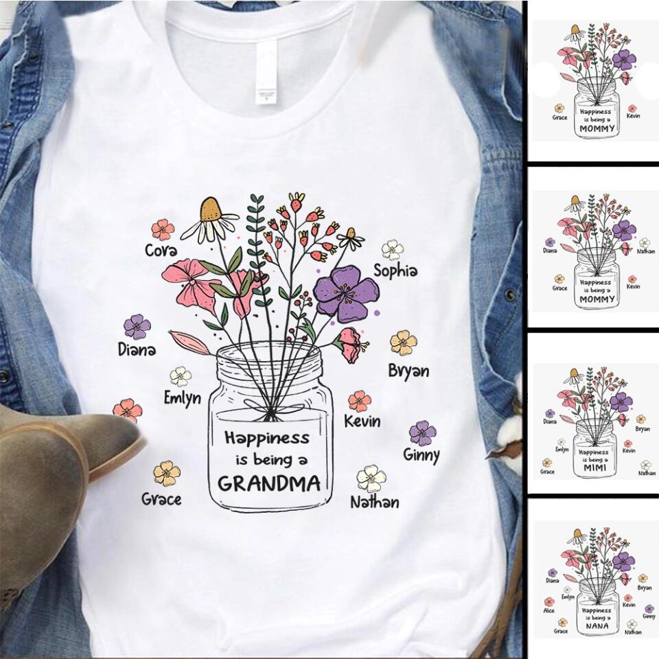 Grandma and Grandkids - Personalized Happiness is being a Grandma Flower Art T-Shirt, Hoodie - Best Gift for Mother's Day