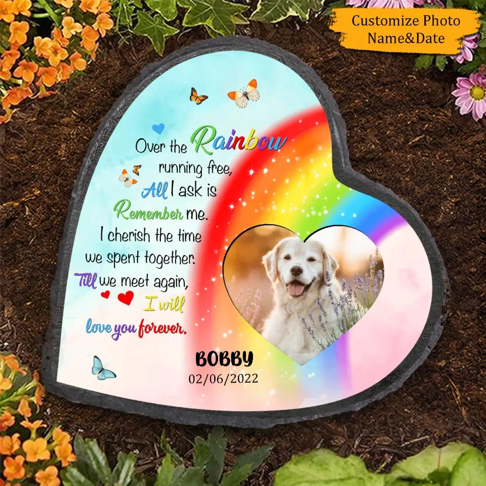 Over The Rainbow Running Free - Custom Photo Personalized Pet Memorial Heart Shaped Stone, Gift Idea Indoor Outdoor