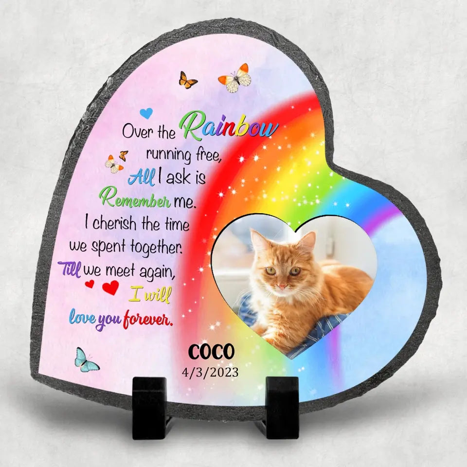 Over The Rainbow Running Free - Custom Photo Personalized Pet Memorial Heart Shaped Stone, Gift Idea Indoor Outdoor