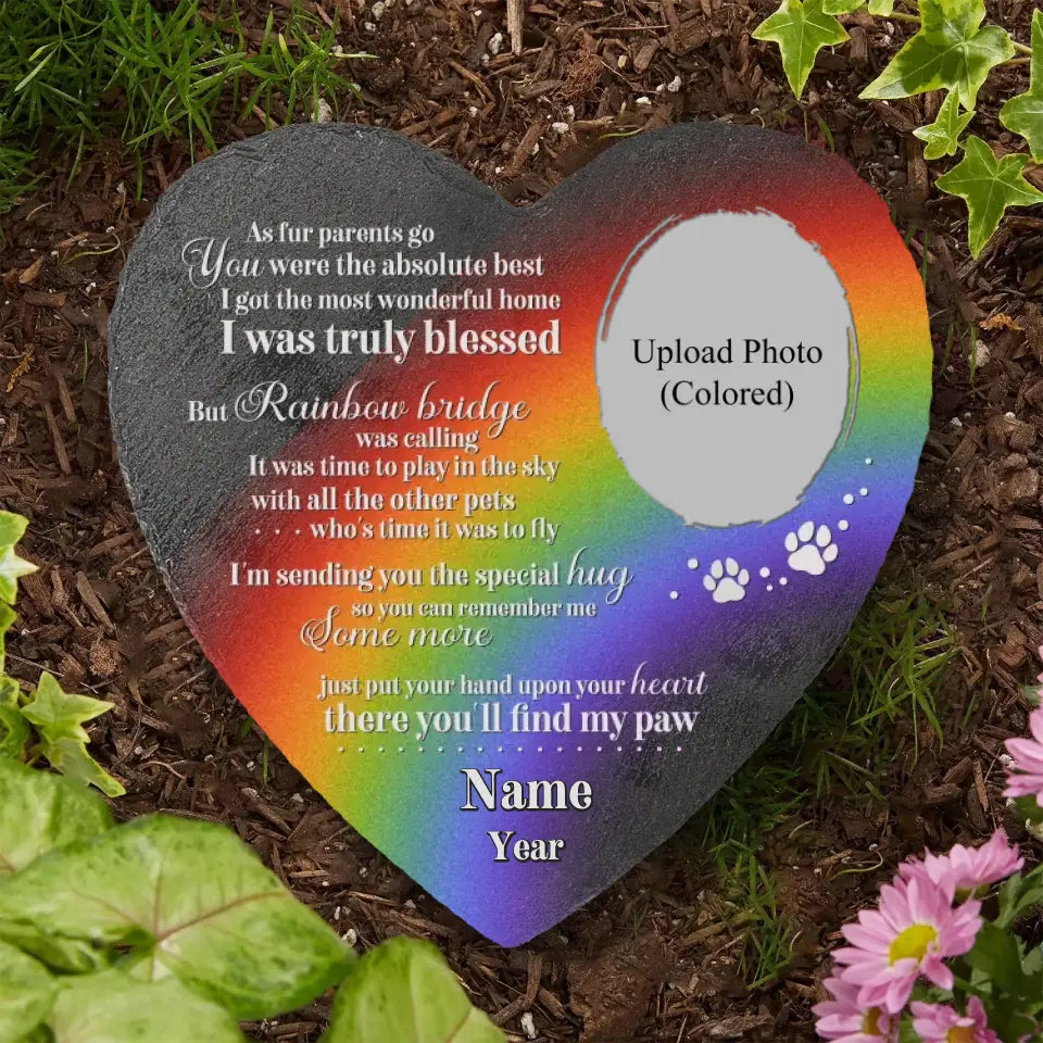 Pet Loss Custom Photo Memorial Pet At The Rainbow Bridge Heart Shaped Stone, Personalized Pet Memorial Gift