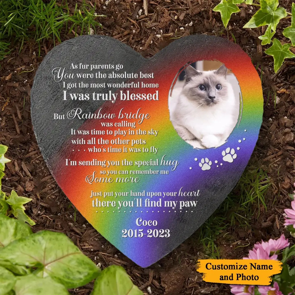 Pet Loss Custom Photo Memorial Pet At The Rainbow Bridge Heart Shaped Stone, Personalized Pet Memorial Gift