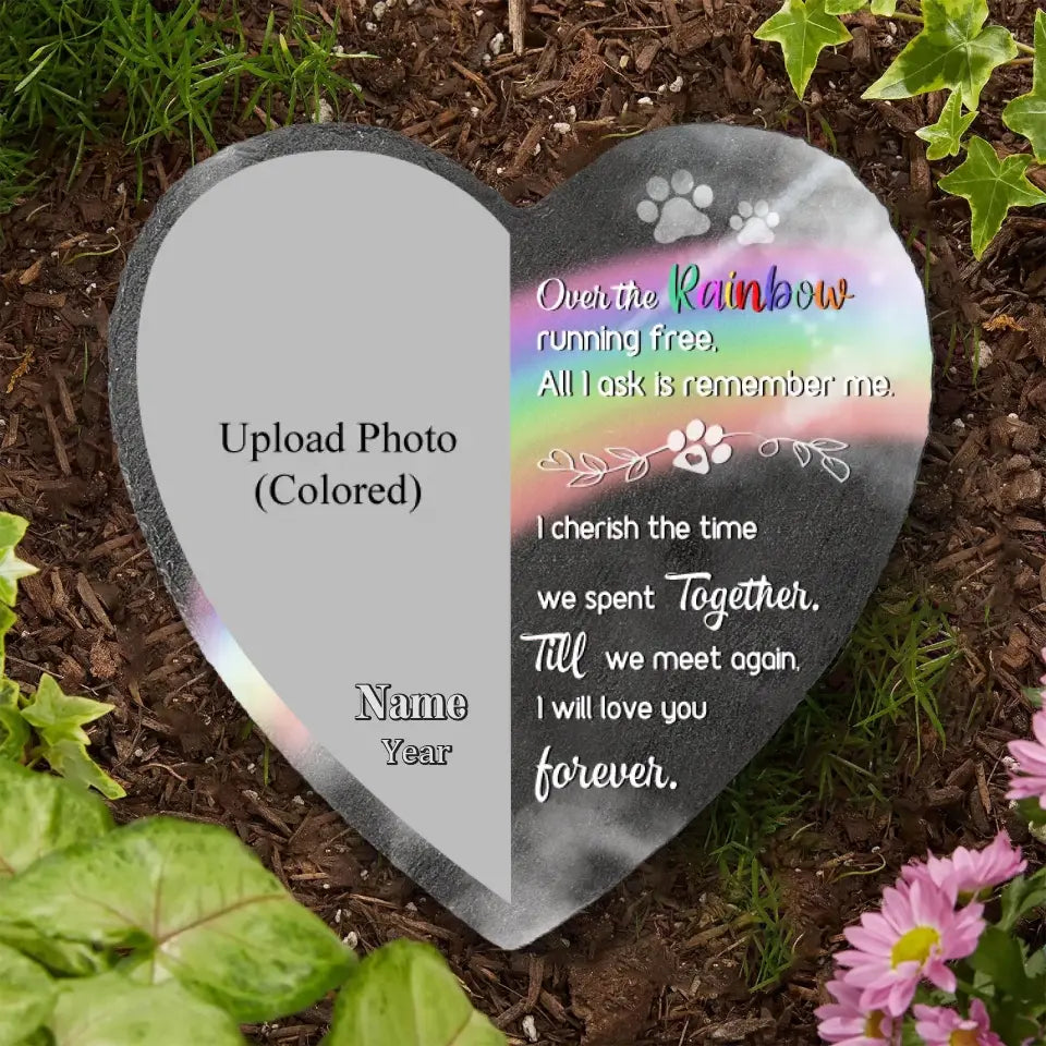 Over The Rainbow Running Free - Custom Photo Personalized Pet Memorial Heart Shaped Stone, Gift For Pet Lover