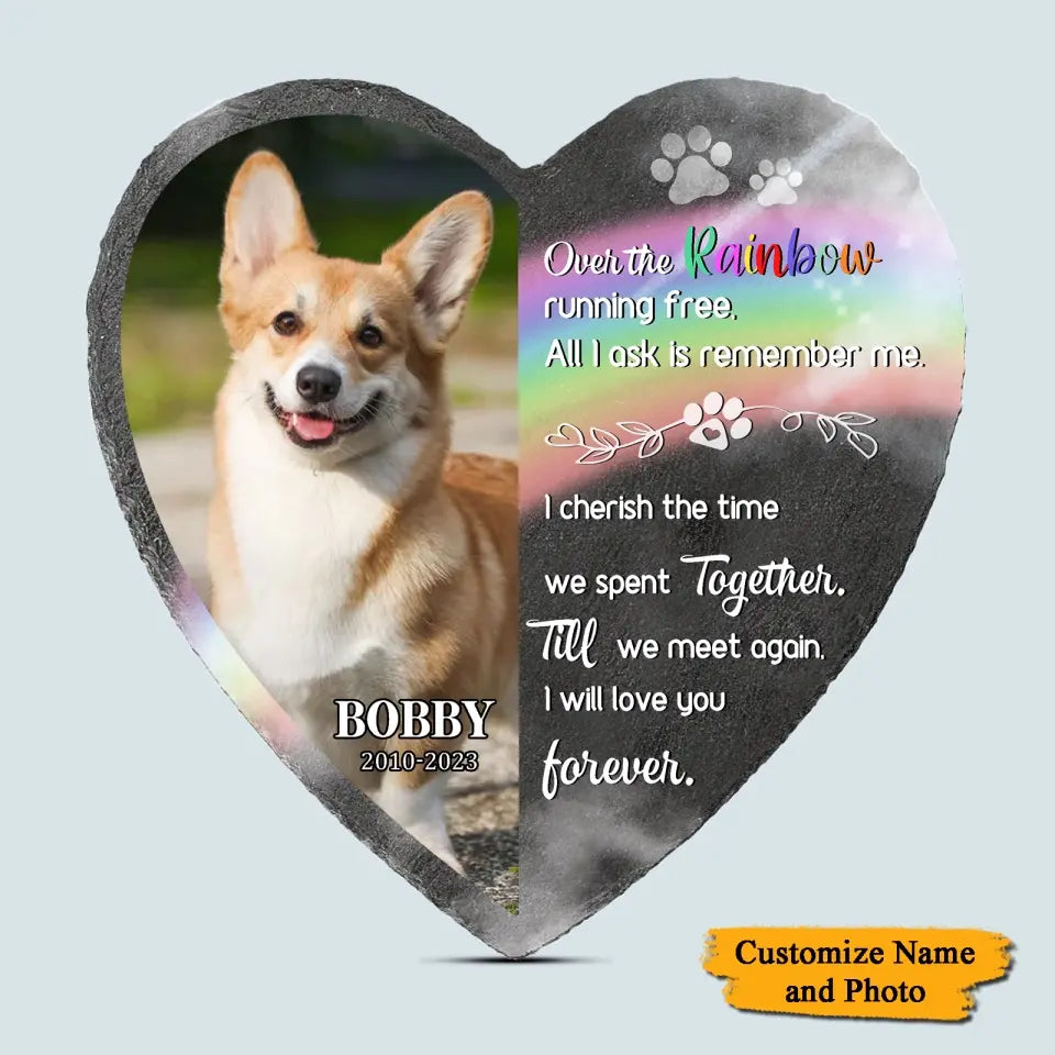 Over The Rainbow Running Free - Custom Photo Personalized Pet Memorial Heart Shaped Stone, Gift For Pet Lover