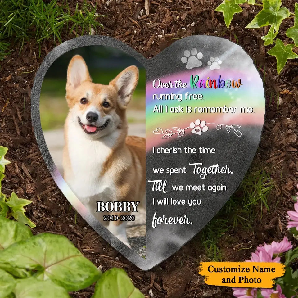 Over The Rainbow Running Free - Custom Photo Personalized Pet Memorial Heart Shaped Stone, Gift For Pet Lover