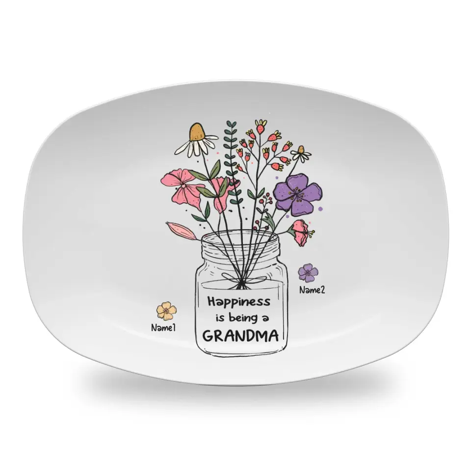 Happiness is being a Grandma - Custom Flower Art Personalized Platter - Gift For Mom,Grandma,Family