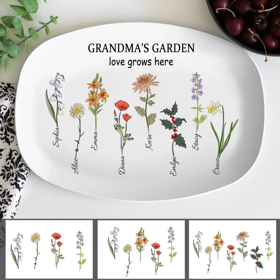 Grandma's Garden Love Grows Here, Personalized Family Birth Flower Platter, Grandma Gift - Mothers Birthday Gift