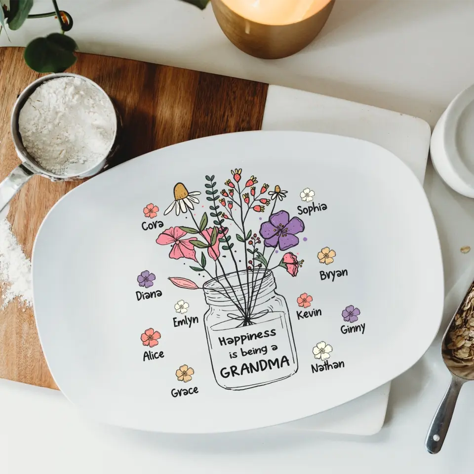 Happiness is being a Grandma - Custom Flower Art Personalized Platter - Gift For Mom,Grandma,Family