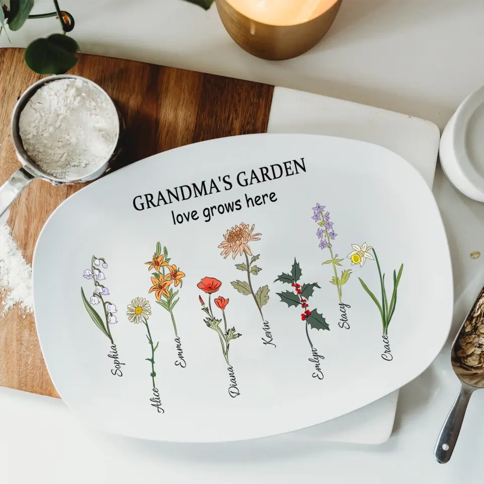 Grandma's Garden Love Grows Here, Personalized Family Birth Flower Platter, Grandma Gift - Mothers Birthday Gift