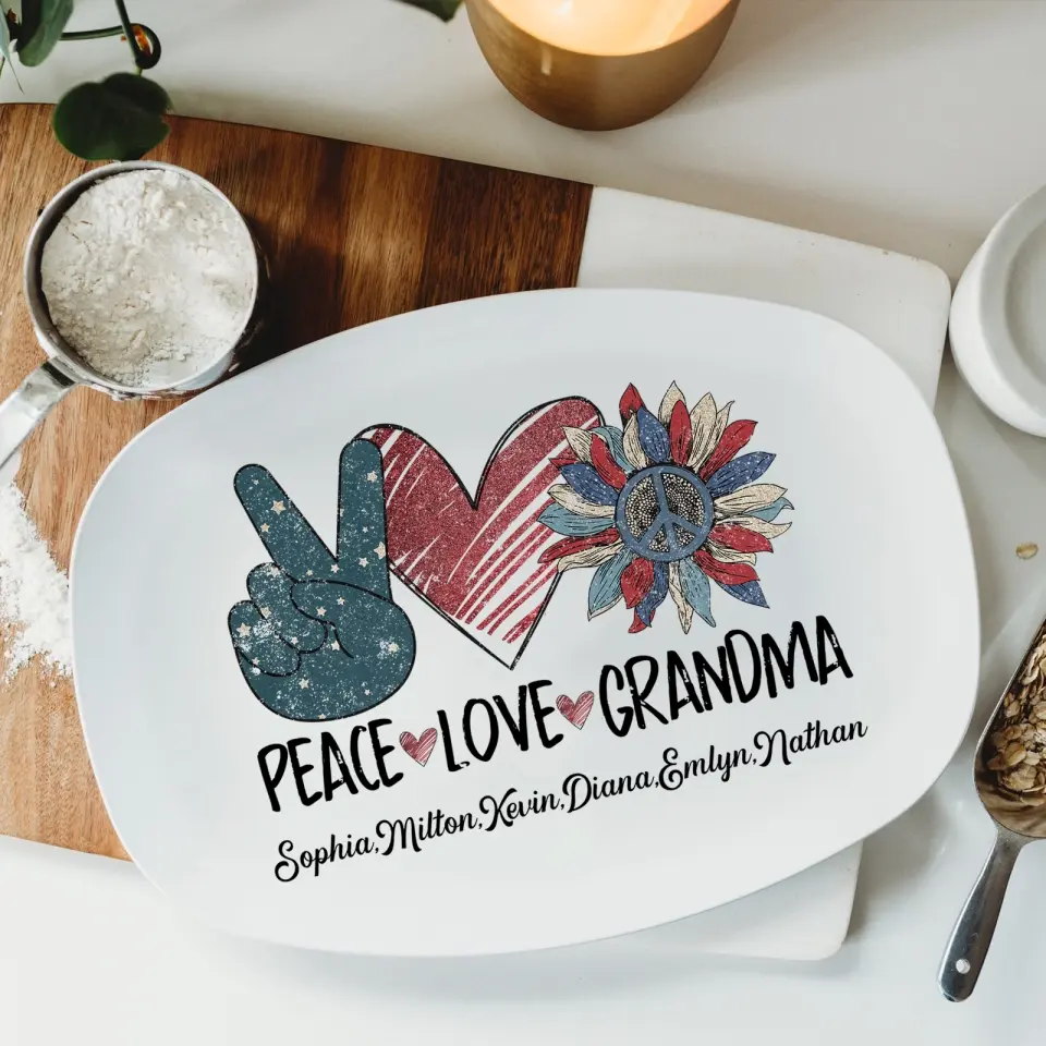 Peace Love Grandma, Personalized American Grandma Platters with Grandkids Name, Gift for Grandma Mom, Mother's Day Gift