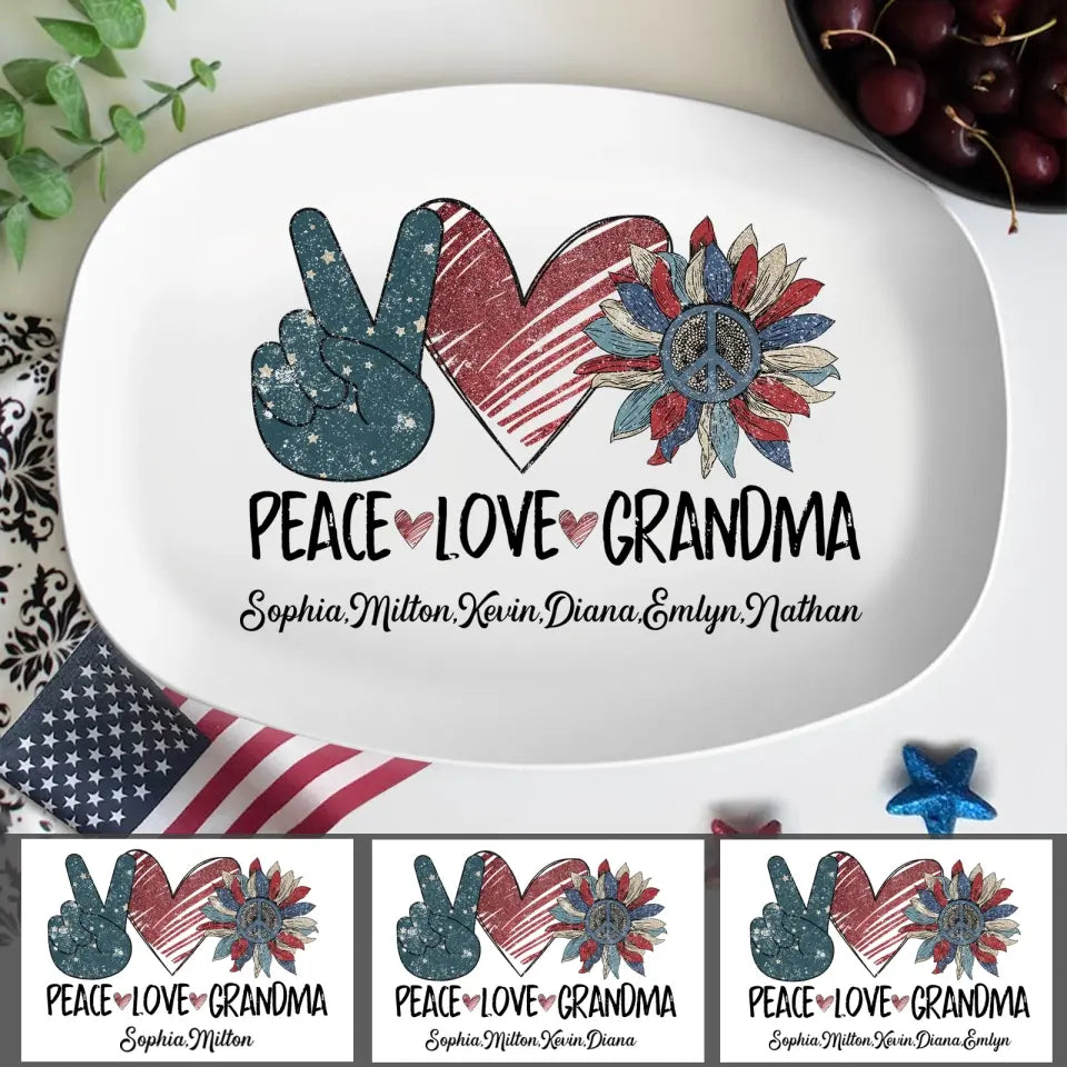 Peace Love Grandma, Personalized American Grandma Platters with Grandkids Name, Gift for Grandma Mom, Mother's Day Gift