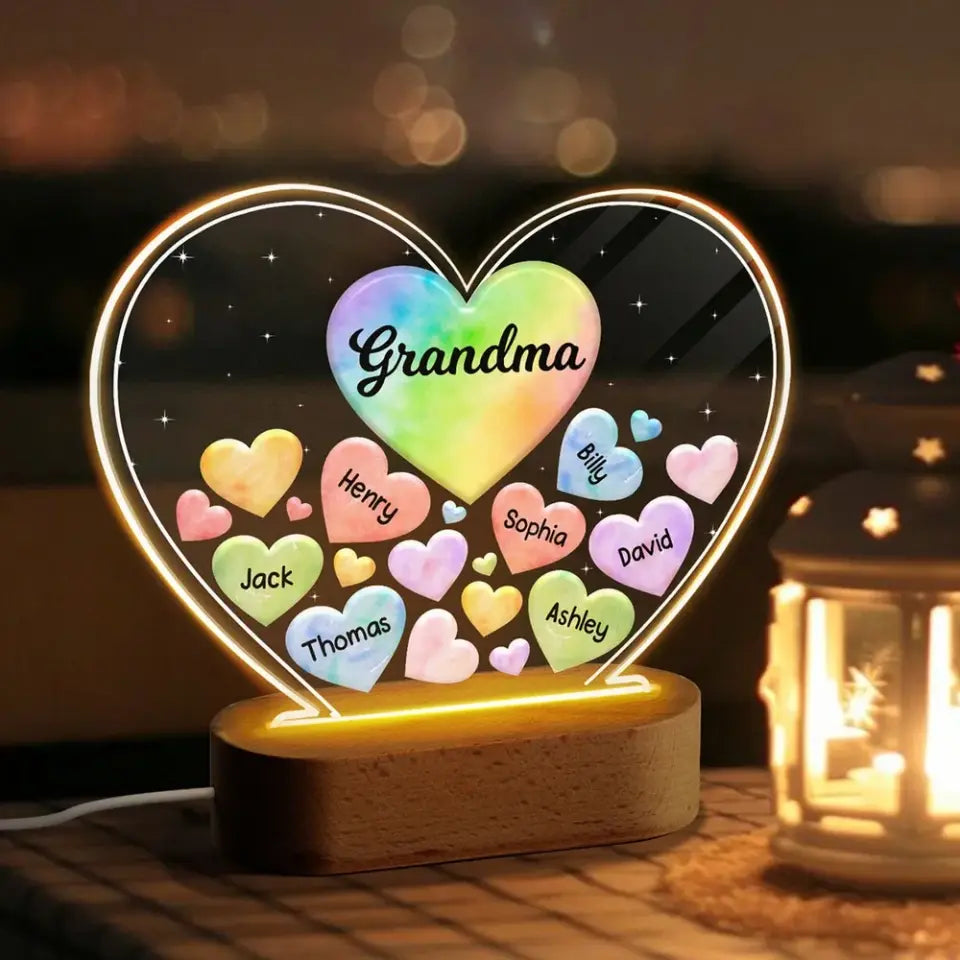 Grandma Mom Hearts In Heart Personalized Acrylic Heart LED Night Light, Mother's Day Gift