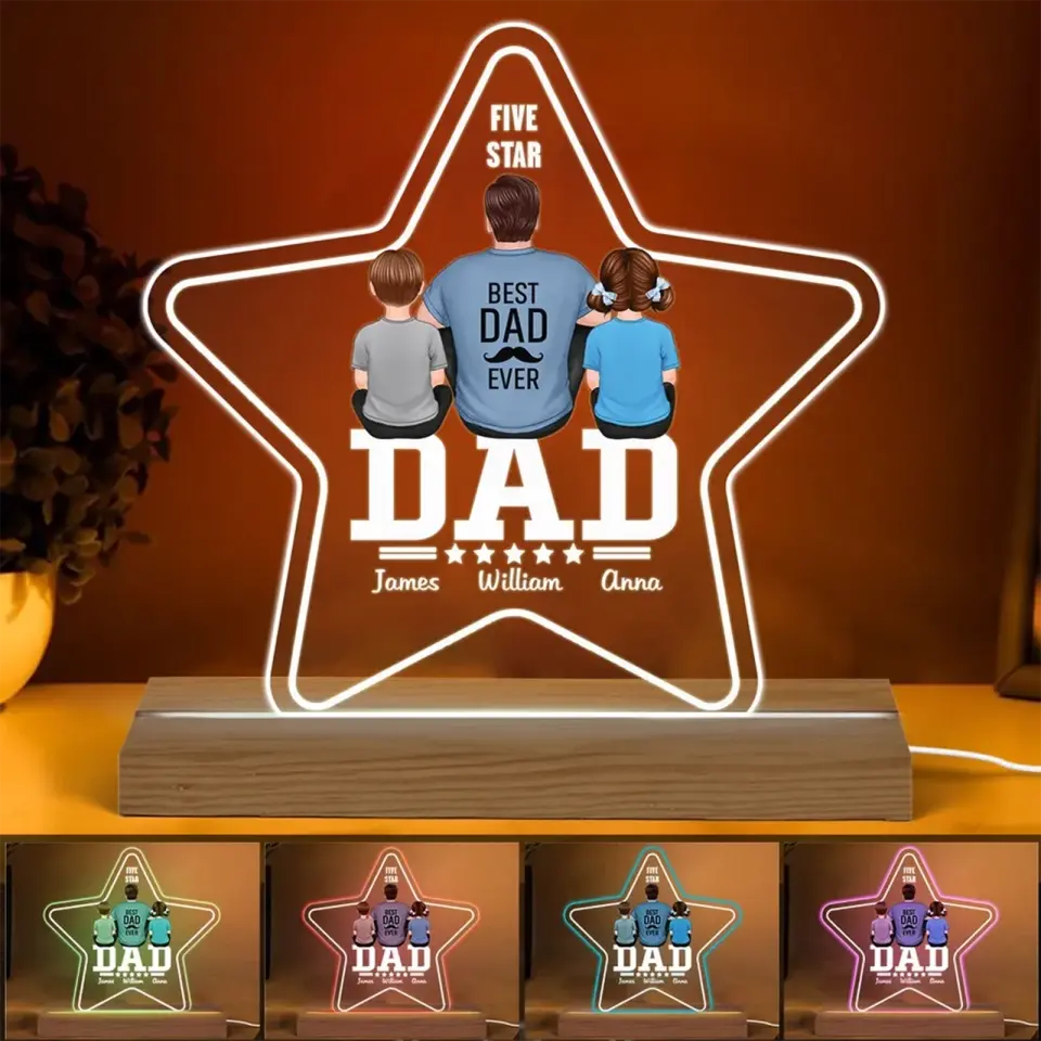 Five - Star Dad Back View Dad And Kids Personalized Acrylic Custom Shape LED Night Light - Father's Day Gift