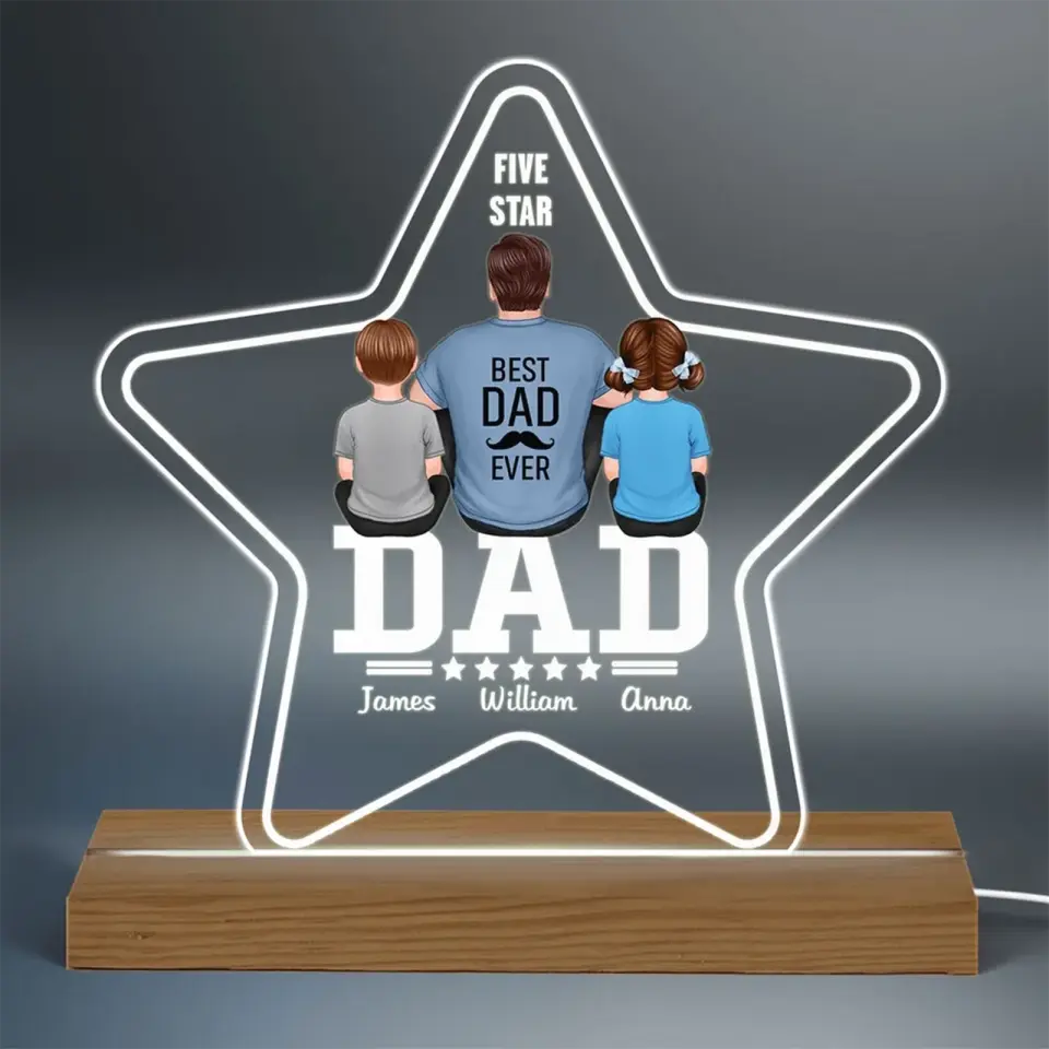 Five - Star Dad Back View Dad And Kids Personalized Acrylic Custom Shape LED Night Light - Father's Day Gift