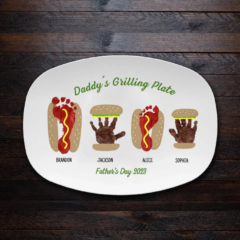 Burger Hot Dog Handprint Footprint Custom Plate, Personalized Gift for Father's Day, Gift for Dad from Kids