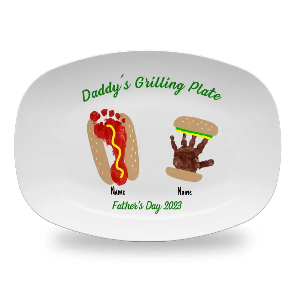 Burger Hot Dog Handprint Footprint Custom Plate, Personalized Gift for Father's Day, Gift for Dad from Kids