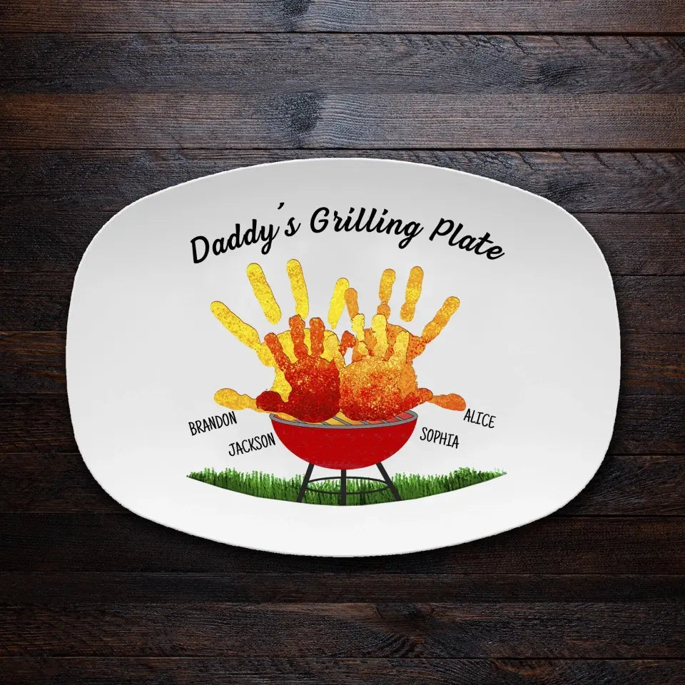 Daddy's Grilling Plate - Handprint Custom Grilling Plate, Personalized Platter for Father's Day, Gift for Dad from Kids, Handprint Plate for Daddy