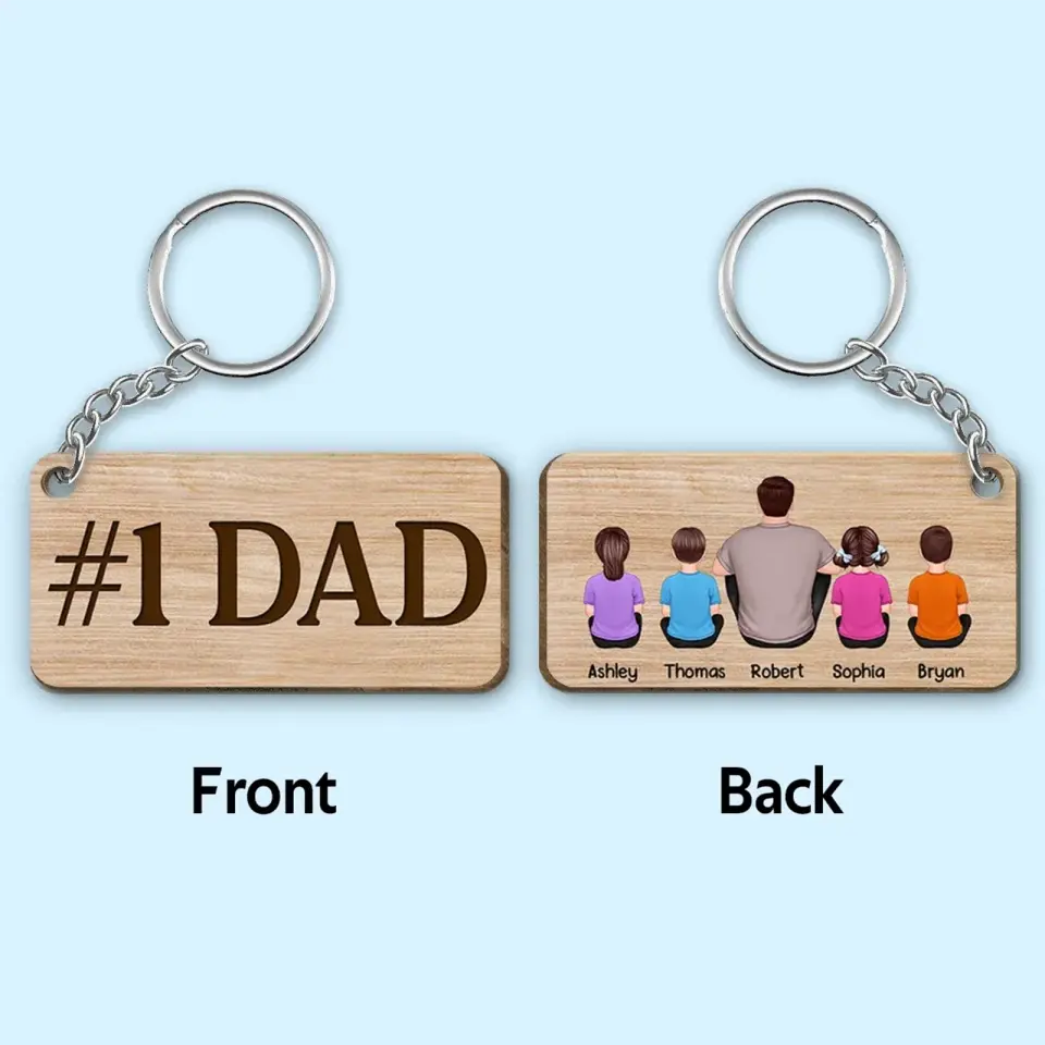 Best Dad Ever Back View Man Kids Dog Cat Personalized Wooden Keychain - Gift for Husband, Wife