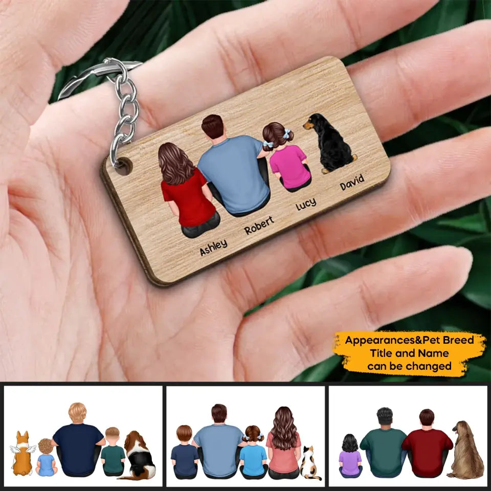 Best Dad Ever Back View Man Kids Dog Cat Personalized Wooden Keychain - Gift for Husband, Wife