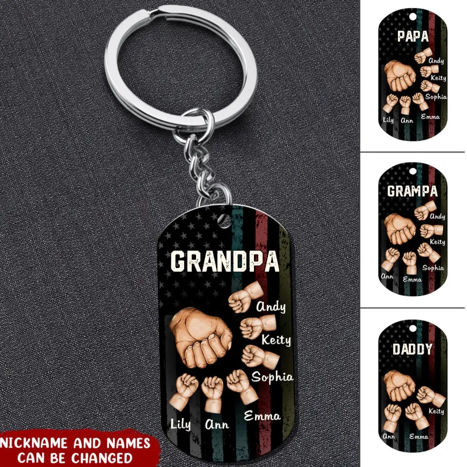 Grandpa, Papa, Daddy Hands Print Love Kids Personalized Dog Tag Keychain