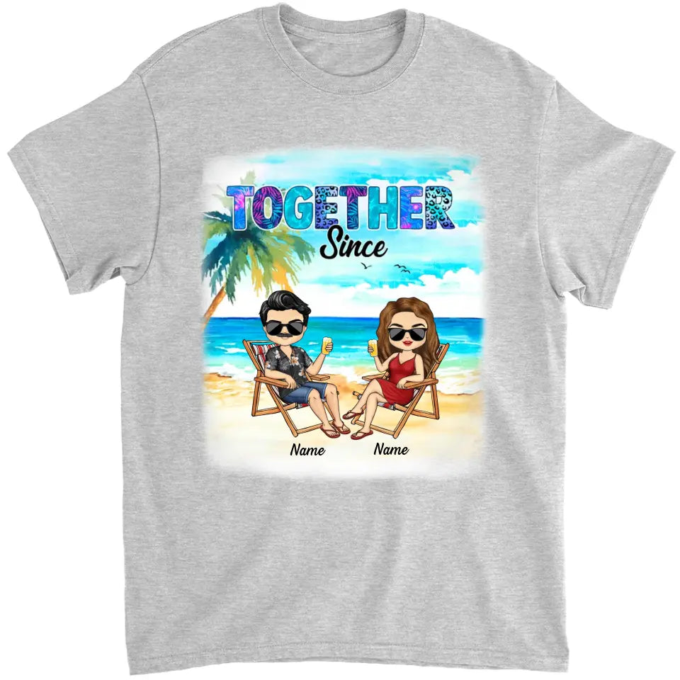 Romantic Doll Couple Beach Sunset Background, Happy Together Since, Gift For Him For Her Husband & Wife Personalized Shirt