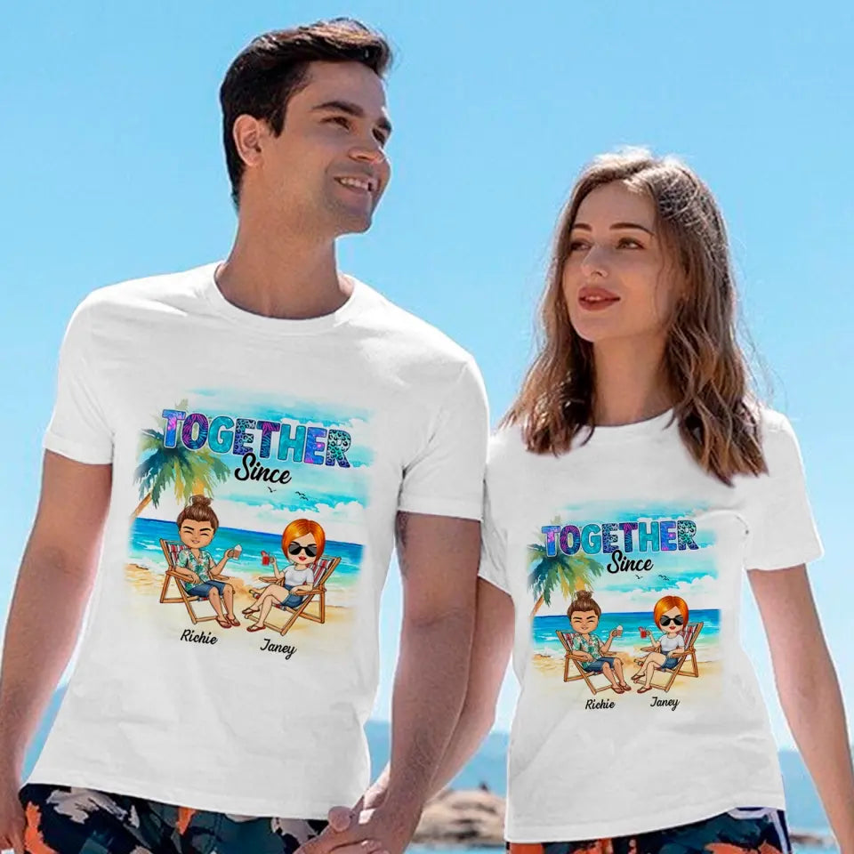 Romantic Doll Couple Beach Sunset Background, Happy Together Since, Gift For Him For Her Husband & Wife Personalized Shirt