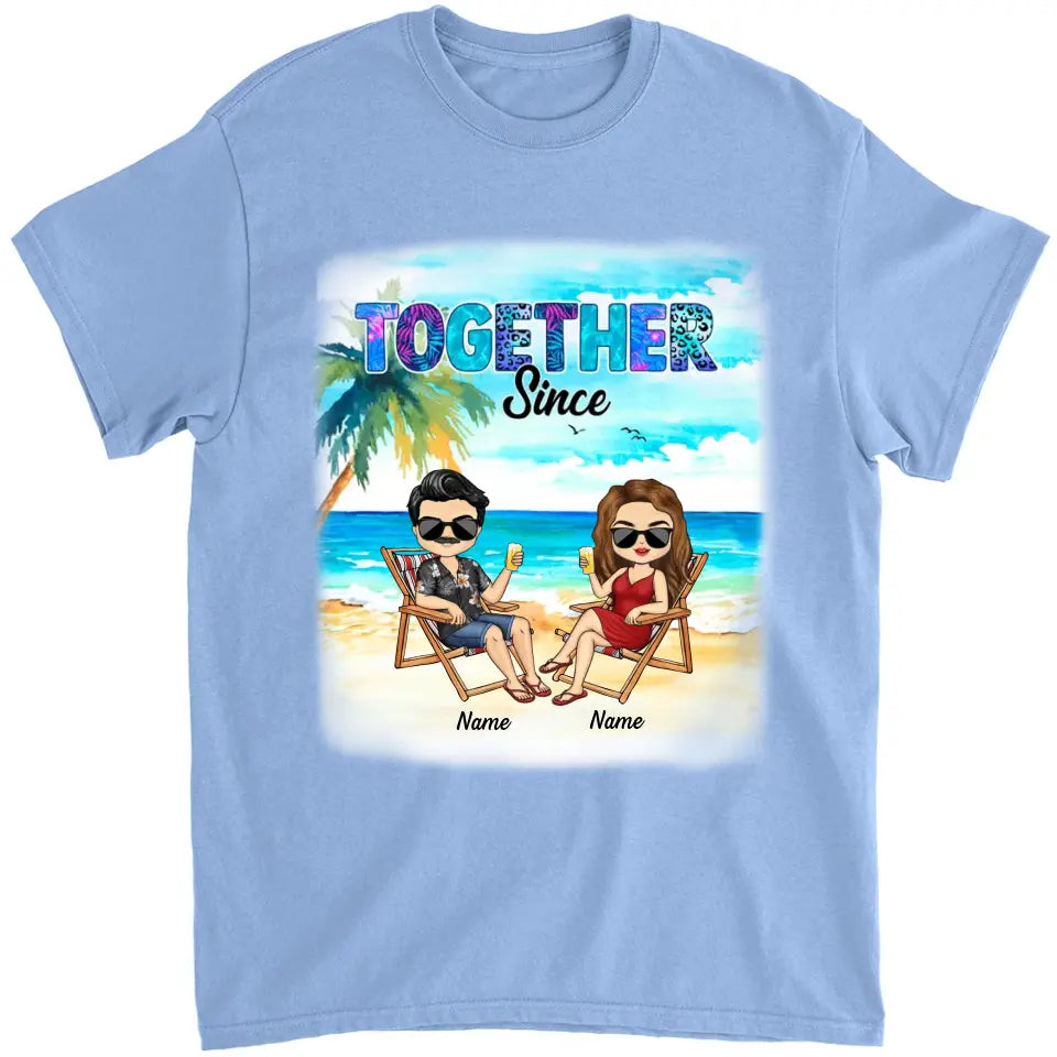 Romantic Doll Couple Beach Sunset Background, Happy Together Since, Gift For Him For Her Husband & Wife Personalized Shirt