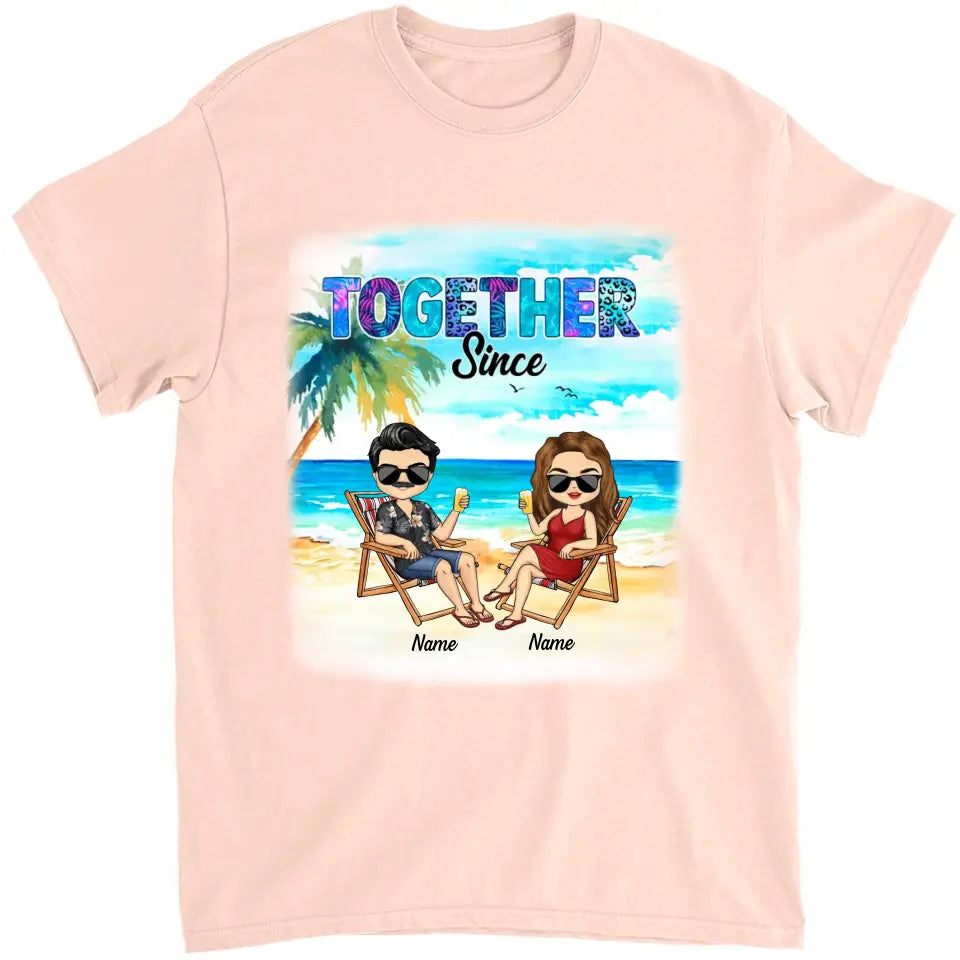 Romantic Doll Couple Beach Sunset Background, Happy Together Since, Gift For Him For Her Husband & Wife Personalized Shirt