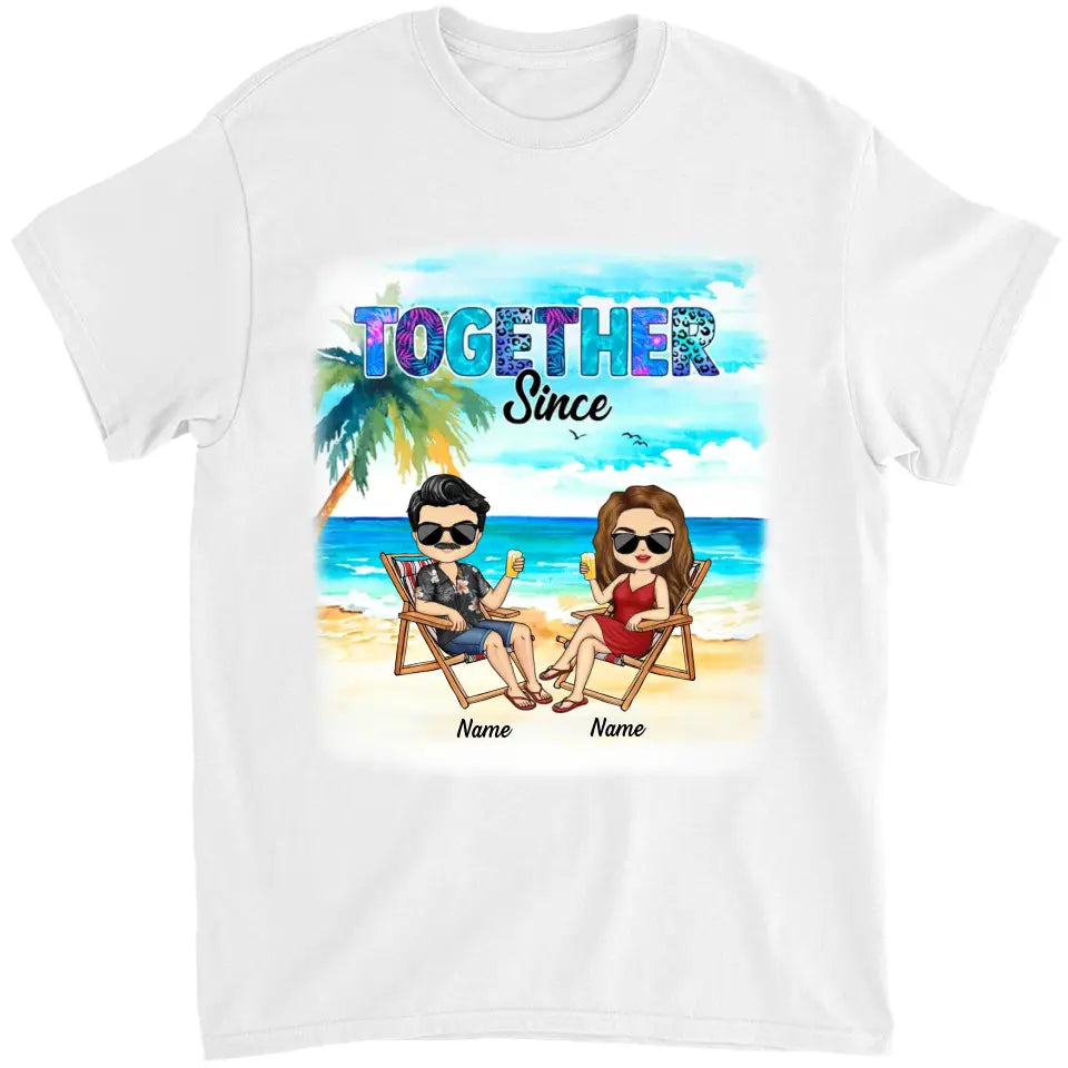 Romantic Doll Couple Beach Sunset Background, Happy Together Since, Gift For Him For Her Husband & Wife Personalized Shirt