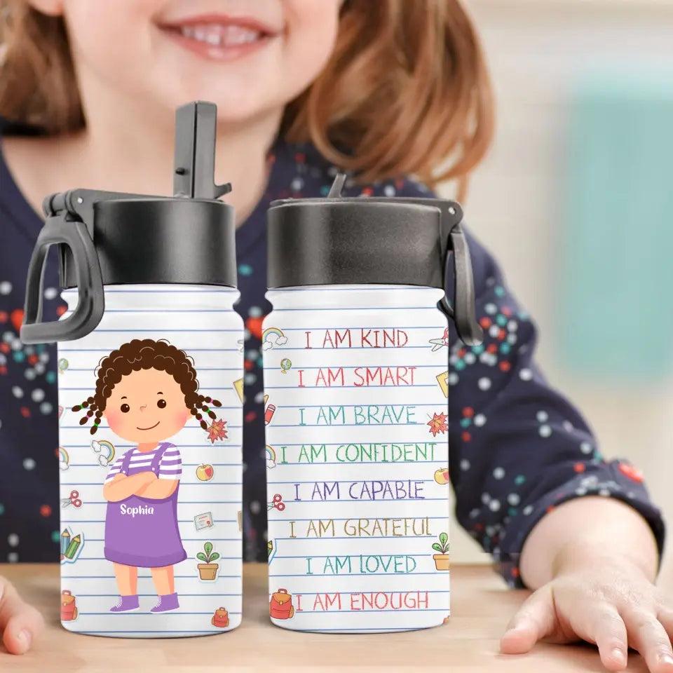 Smart Loved Brave Confident - Personalized Kids Water Bottle With Straw Lid