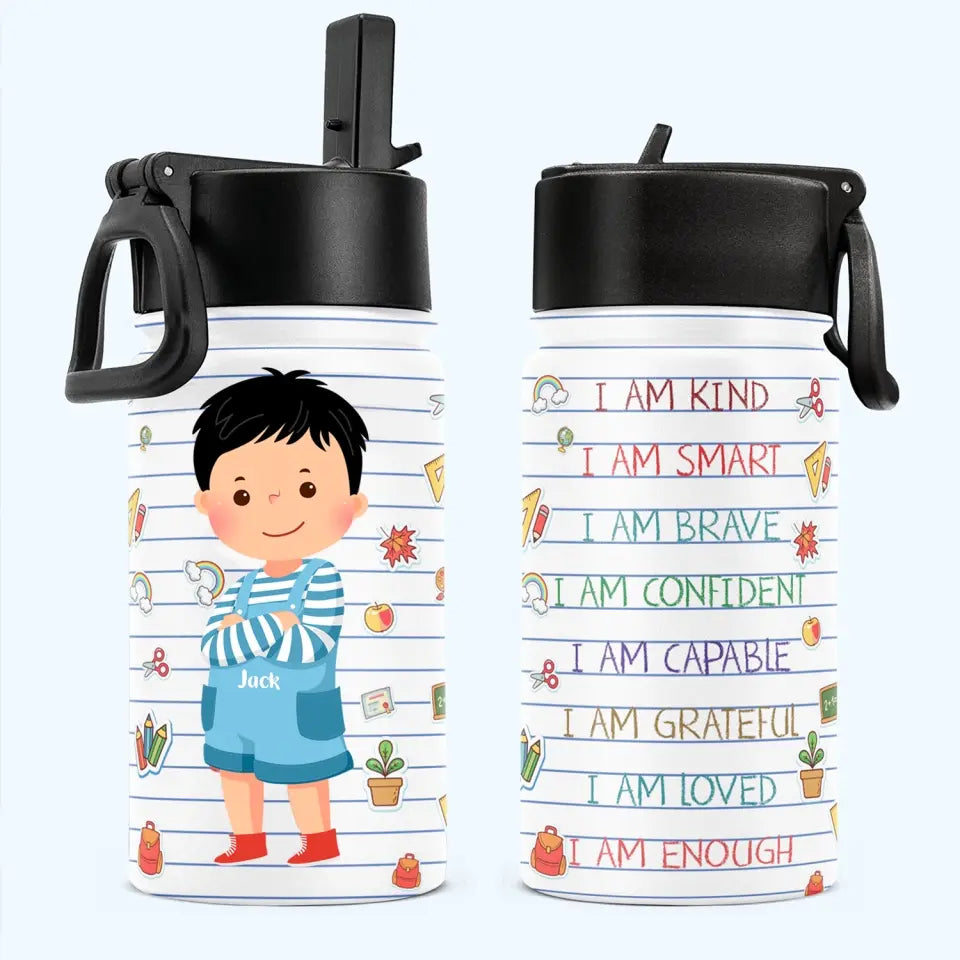 Smart Loved Brave Confident - Personalized Kids Water Bottle With Straw Lid