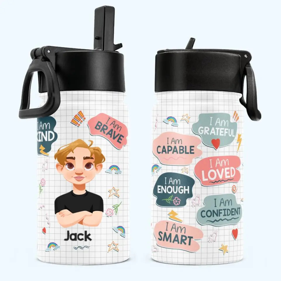 I Am Kind Motivation Affirmations - Personalized Kids Water Bottle With Straw Lid