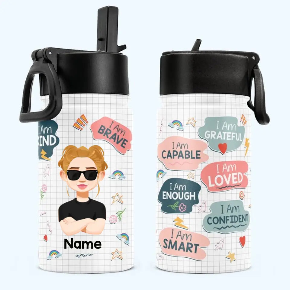 I Am Kind Motivation Affirmations - Personalized Kids Water Bottle With Straw Lid