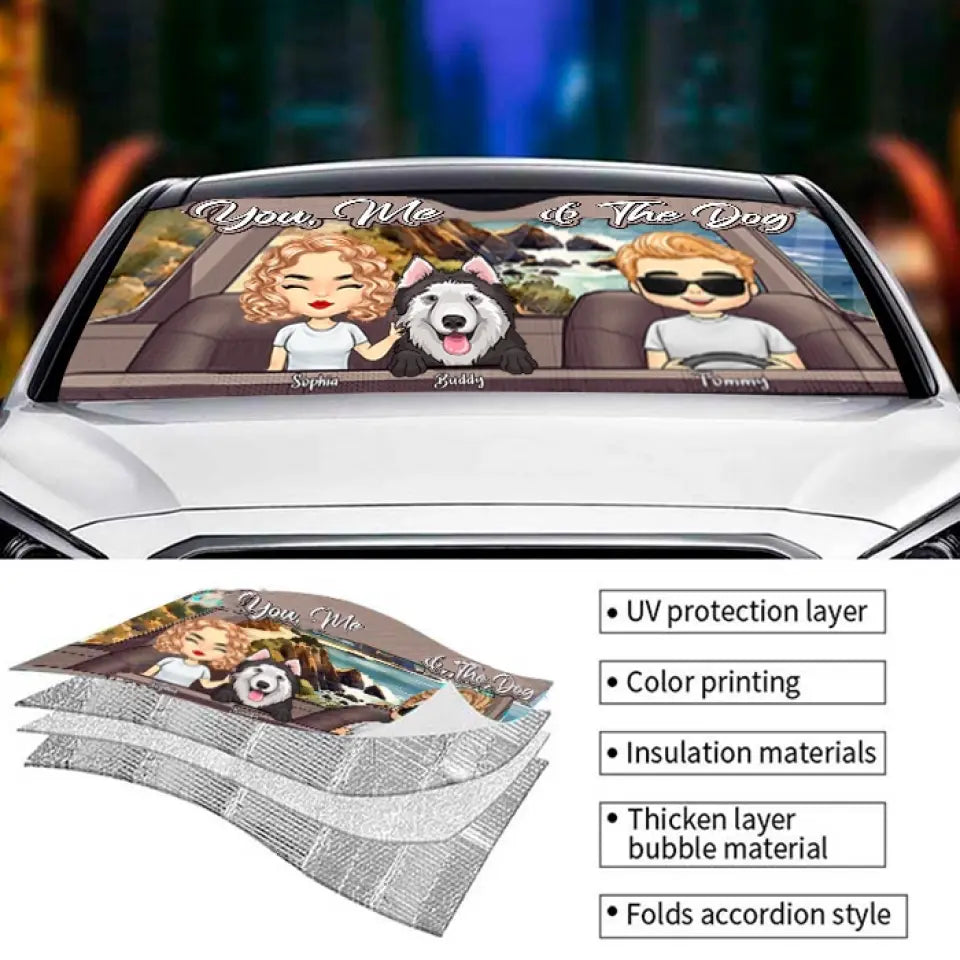 You, Me And Our Pets - Personalized Auto Sunshade - Gift For Couples, Husband Wife