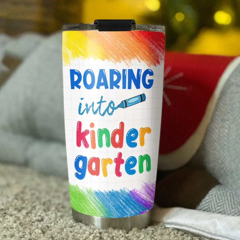 Personalized Roaring Into Kindergarten, Riding Dinosaurs Cool Back To School Tumbler Gift For Kids