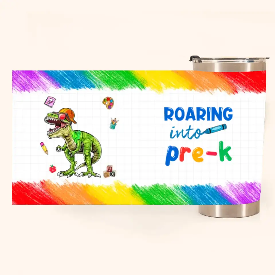 Personalized Roaring Into Kindergarten, Riding Dinosaurs Cool Back To School Tumbler Gift For Kids