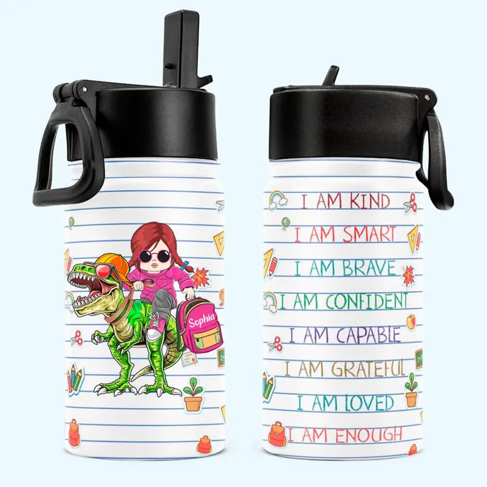 Personalized Roaring Into Kindergarten, Riding Dinosaurs Cool Back To School Kids Water Bottle With Straw Lid, Gift For Kids