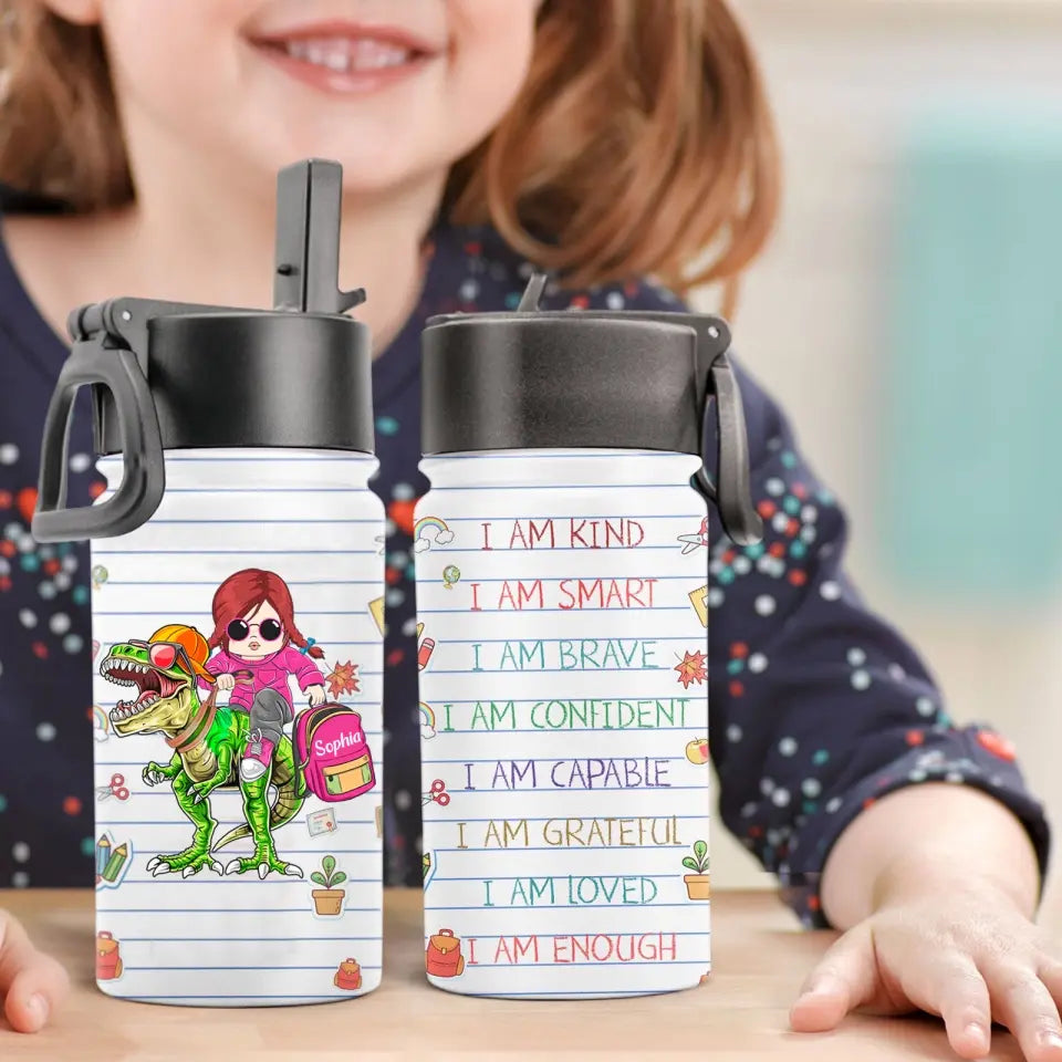 Personalized Roaring Into Kindergarten, Riding Dinosaurs Cool Back To School Kids Water Bottle With Straw Lid, Gift For Kids