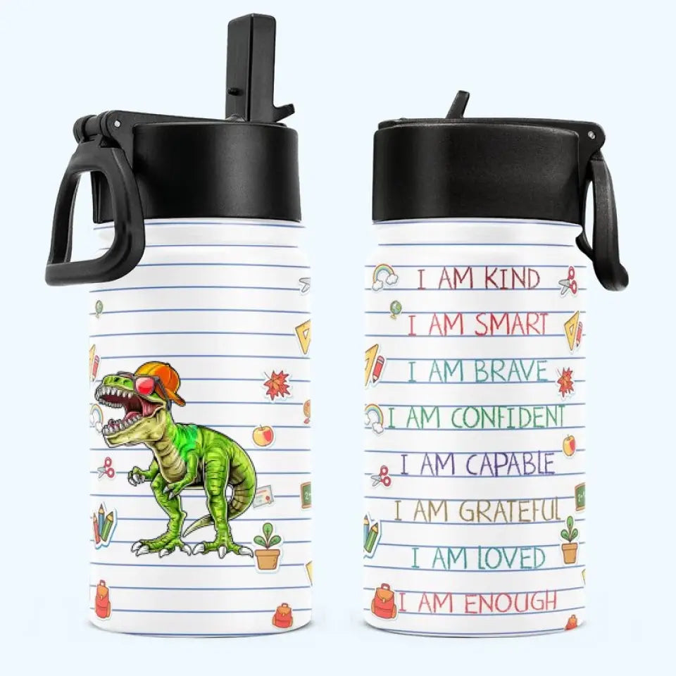 Personalized Roaring Into Kindergarten, Riding Dinosaurs Cool Back To School Kids Water Bottle With Straw Lid, Gift For Kids