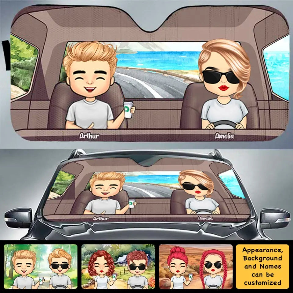 Husband Wife Driving On Road - Personalized Auto Sunshade - Gift For Couples, Husband Wife