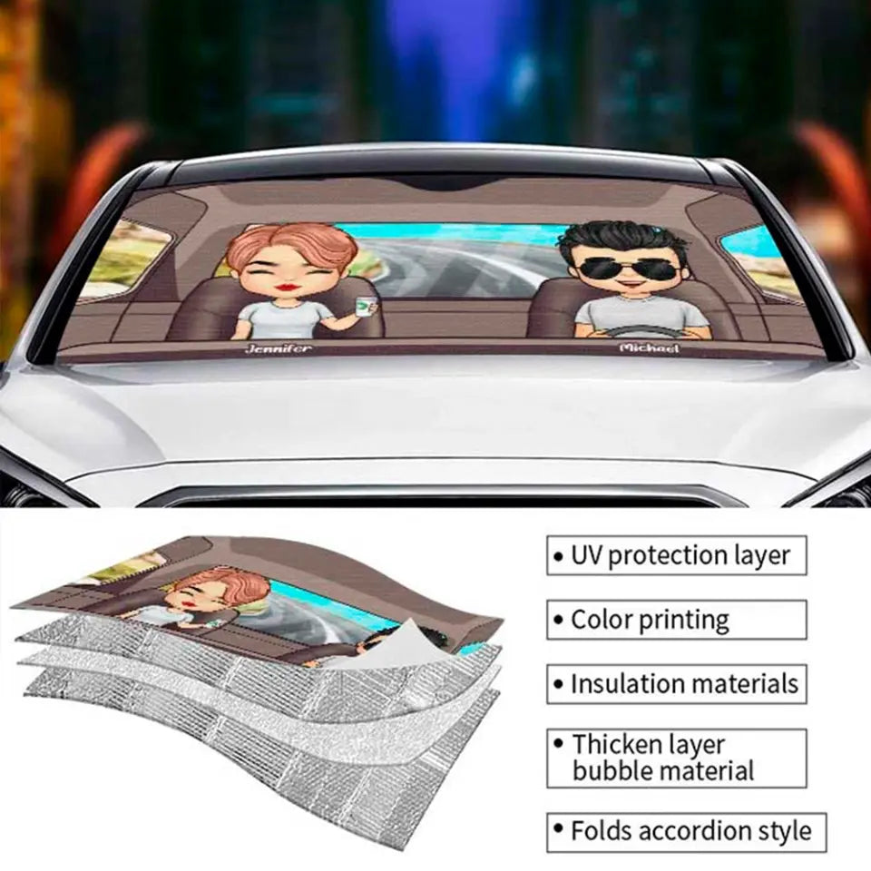 Husband Wife Driving On Road - Personalized Auto Sunshade - Gift For Couples, Husband Wife