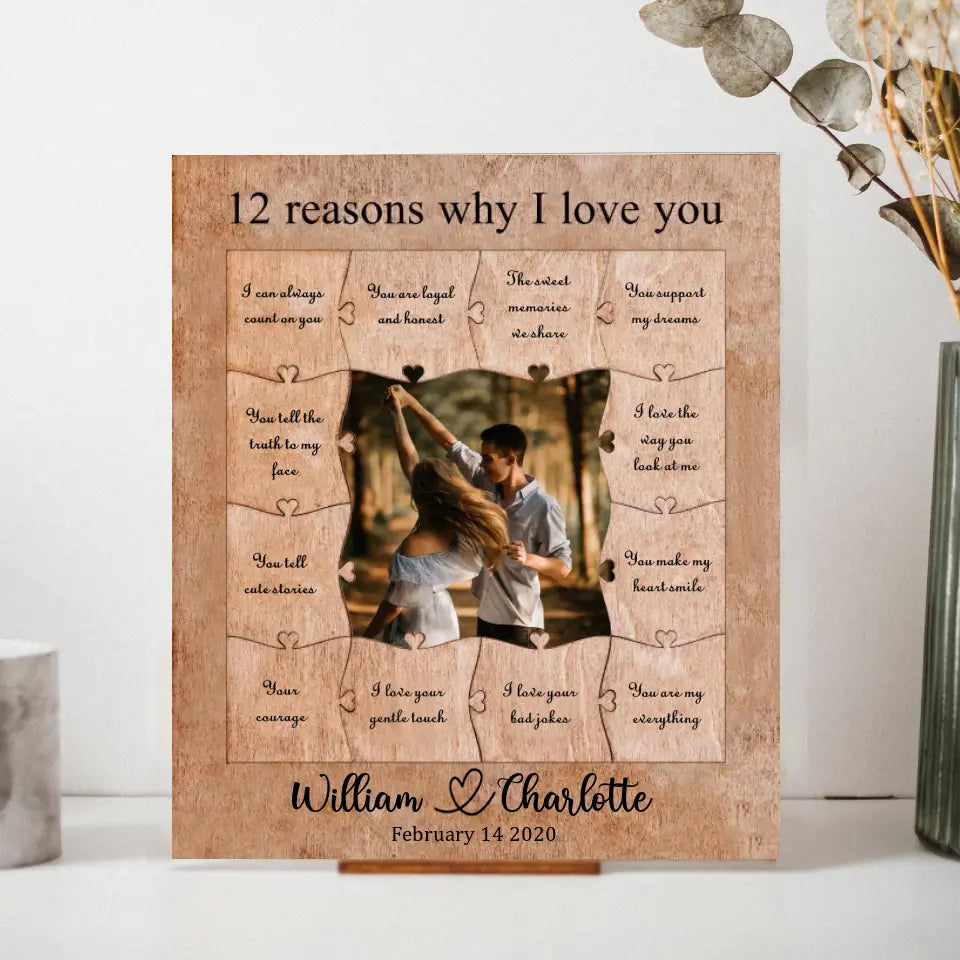 12 Reasons Why I Love You - Personalized Wooden Puzzle Piece Collage Frame, Birthday Gift for Her, Anniversary Gift