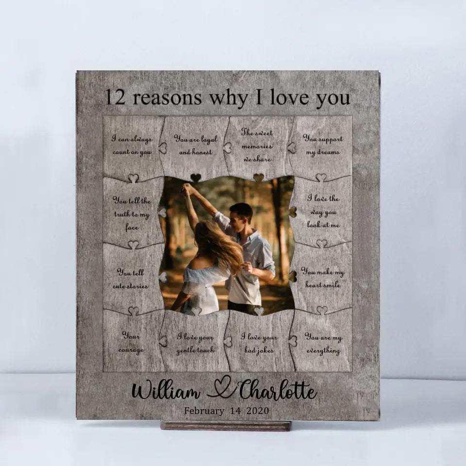 12 Reasons Why I Love You - Personalized Wooden Puzzle Piece Collage Frame, Birthday Gift for Her, Anniversary Gift