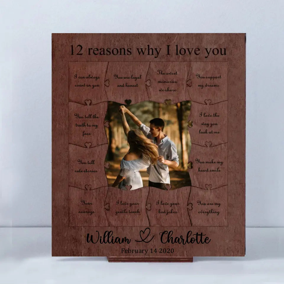 12 Reasons Why I Love You - Personalized Wooden Puzzle Piece Collage Frame, Birthday Gift for Her, Anniversary Gift