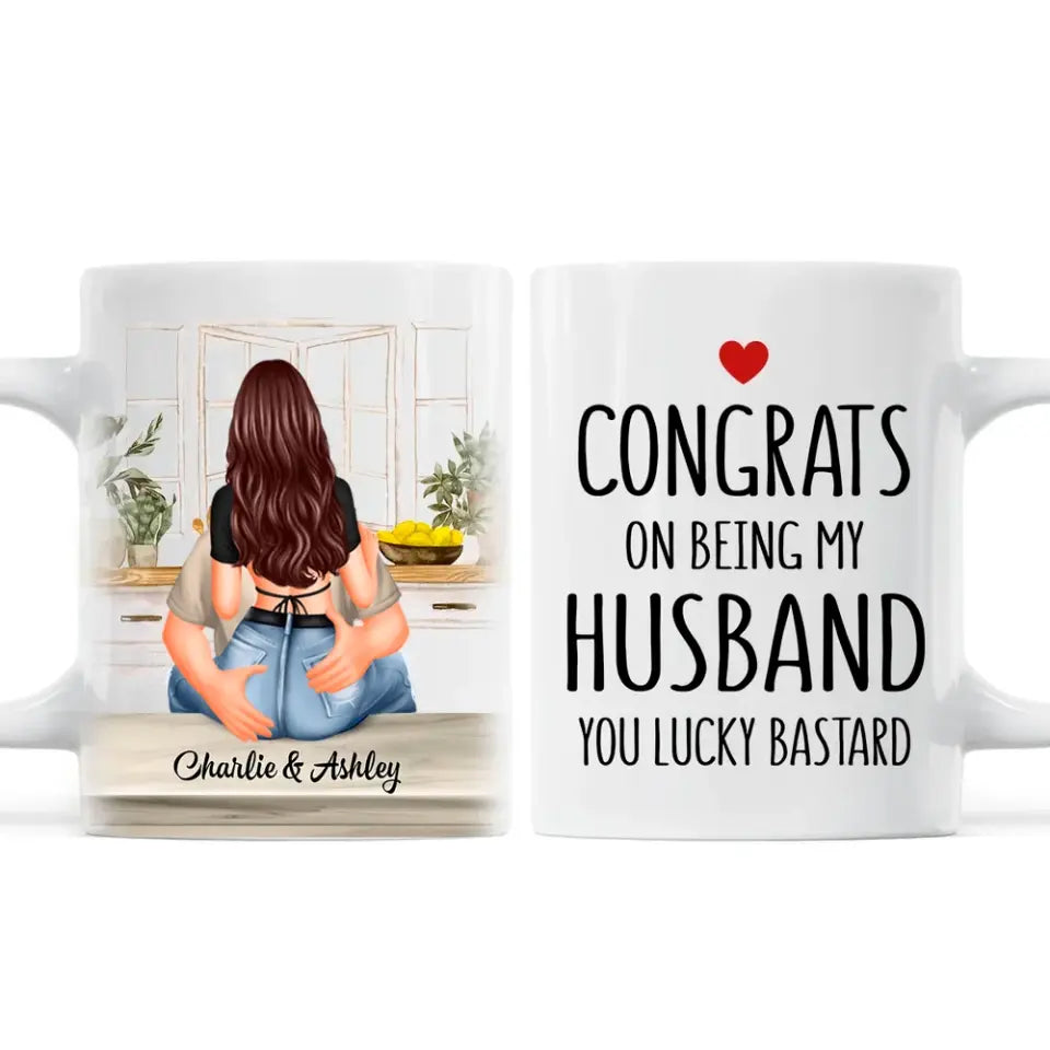 Congrats On Being My Husband Man Embracing Woman Back View Personalized Mug