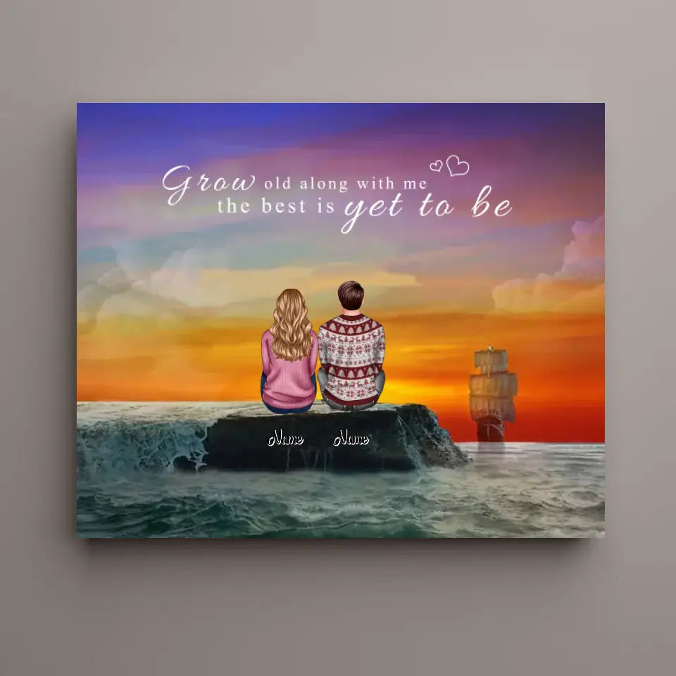 Personalized Back View Couple Sitting by the Sea Watching Sunset Landscape Canvas, Gift For Lover