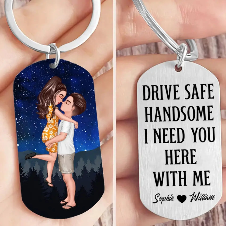 Drive Safe - Couple Kissing Under Stars Personalized Engraved Stainless Steel Keychain