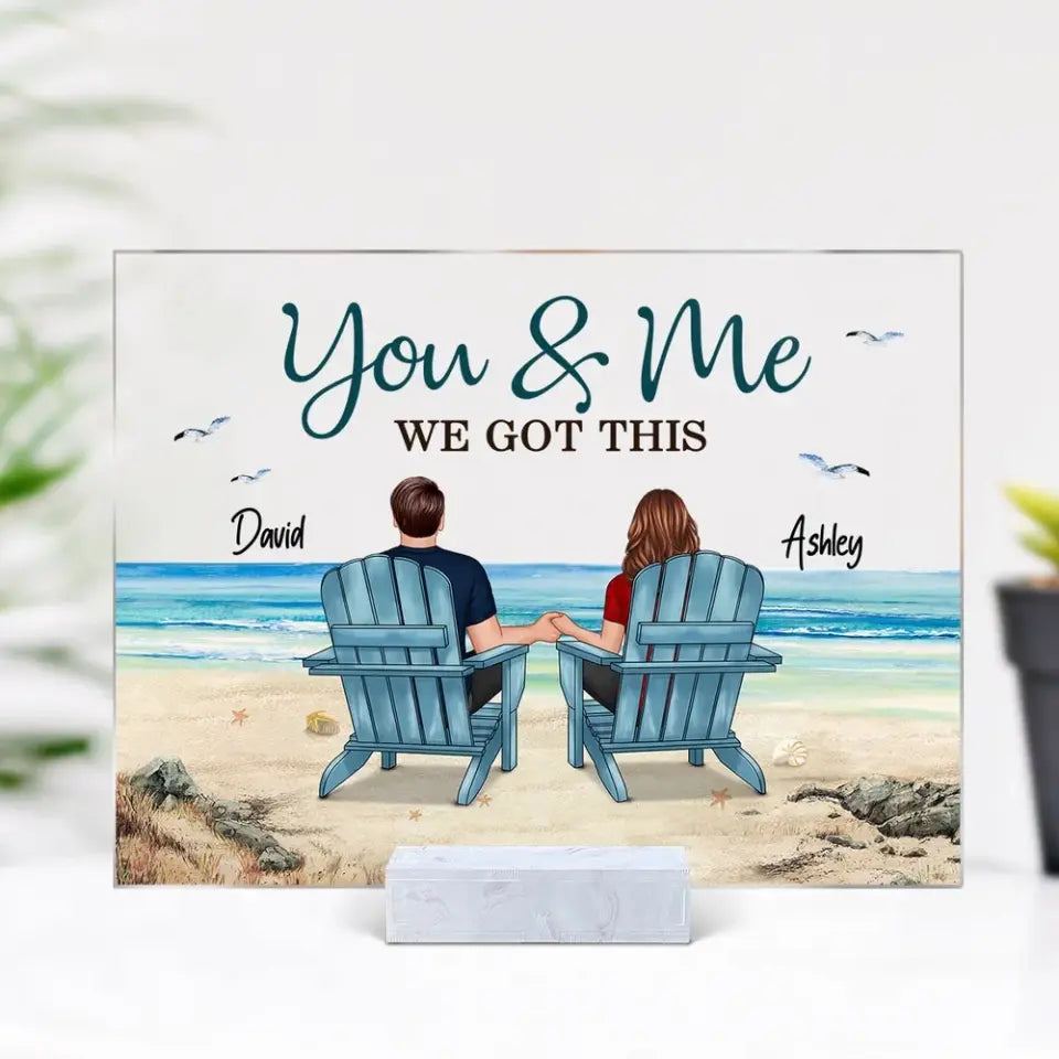 Back View Couple Sitting Beach Landscape Personalized Acrylic Plaque